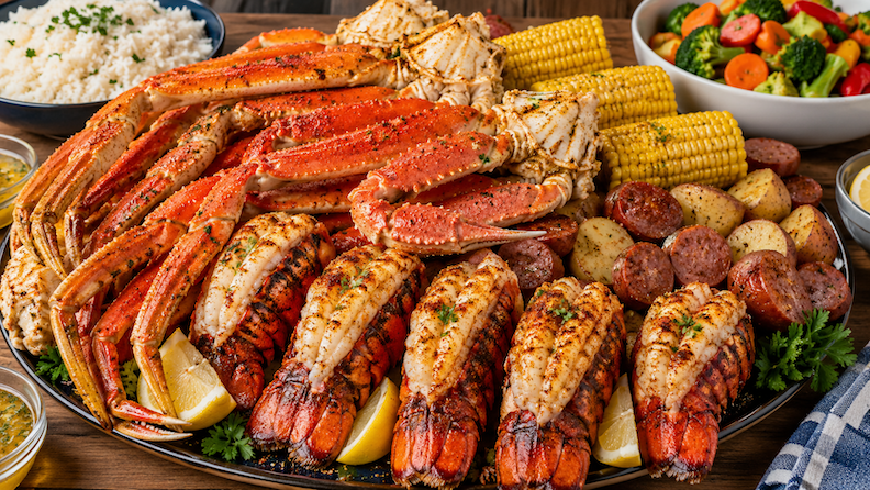 Crab Legs, Shrimp and Lobster Feast for Five, platter with crab legs, grilled lobster tails, corn, potatoes and sausage