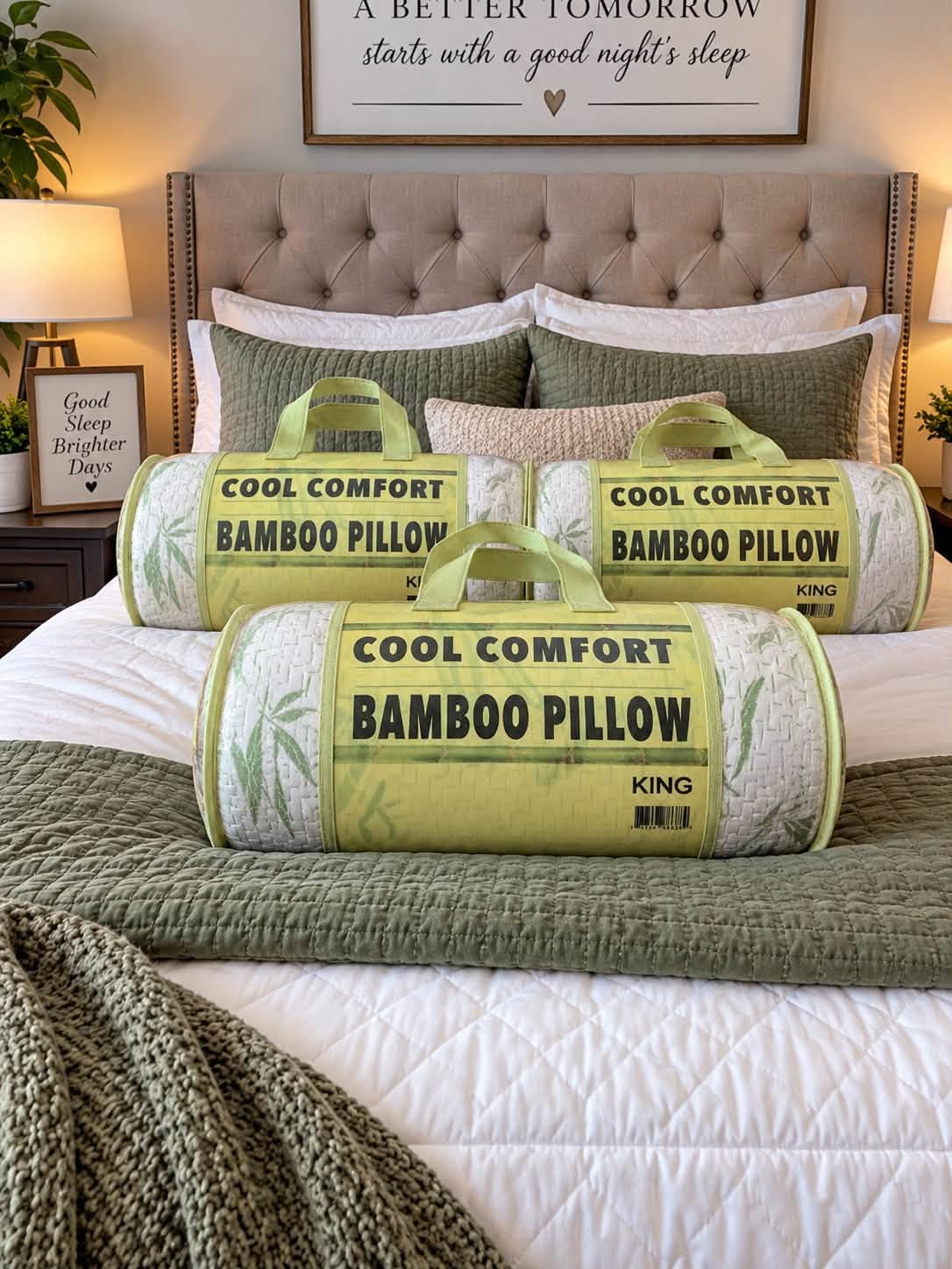 Cool Comfort Bamboo pillows on a bed
